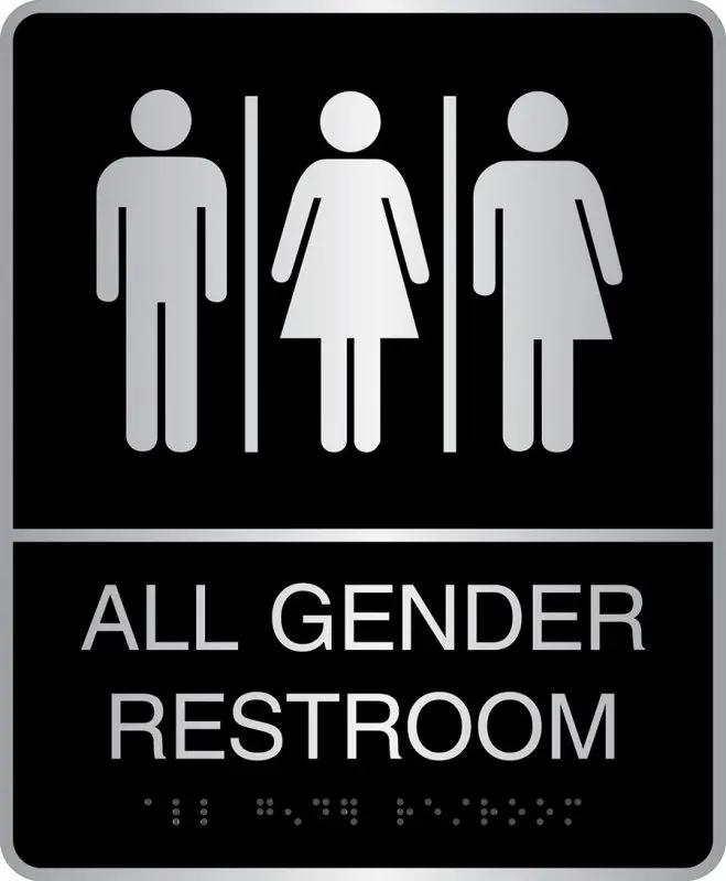 A B&D ADA all-gender restroom sign with a universal symbol, Braille, and high-contrast lettering.
