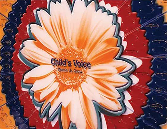 A Children's Voice donor wall built with B&D's Cleartek system — clear acrylic name plates screw-mounted over a printed graphic.