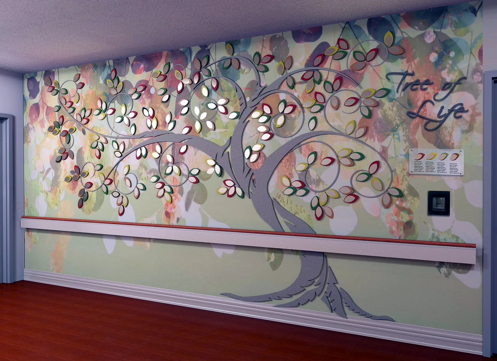A Tree of Life donor display pairing a printed watercolor wallcovering with dimensional metal leaves.