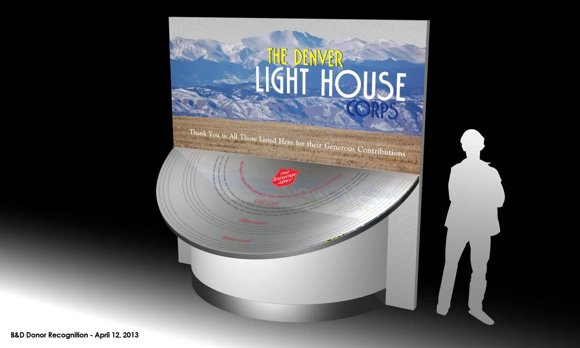 Denver Light House Corps freestanding curved donor recognition concept.