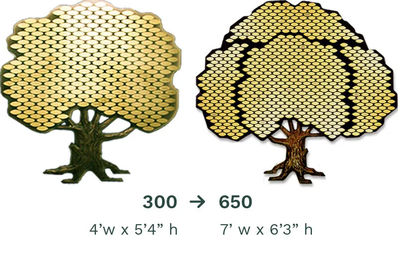Classic Donor Tree Line configured for 300 leaves expands to 650, with metal leaves arranged across an acrylic panel and a sculpted bronze trunk.