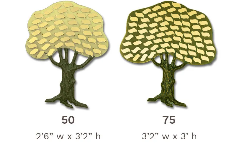Classic Donor Tree Line configured for 50 or 75 leaves – no expansion, with metal leaves arranged across an acrylic panel and a sculpted bronze trunk.