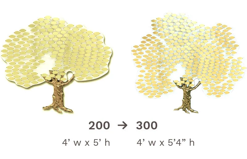 Contempo Donor Tree Line configured for 200 leaves expands to 300, with metal leaves arranged across an acrylic panel and a sculpted bronze trunk.