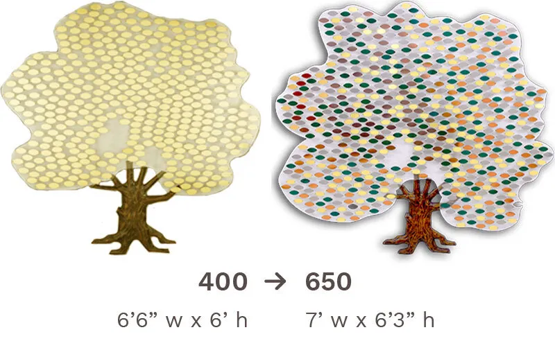 Contempo Donor Tree Line configured for 400 leaves expands to 650, with metal leaves arranged across an acrylic panel and a sculpted bronze trunk.