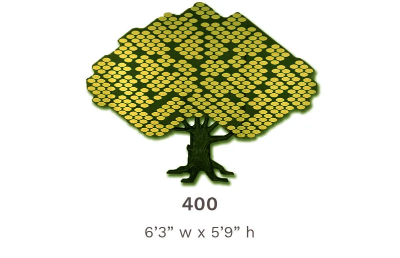 Futura Donor Tree Line configured for 400 leaves, with metal leaves arranged across an acrylic panel and a sculpted bronze trunk.