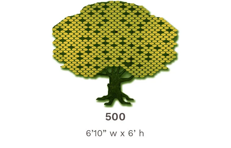 Futura Donor Tree Line configured for 500 leaves, with metal leaves arranged across an acrylic panel and a sculpted bronze trunk.