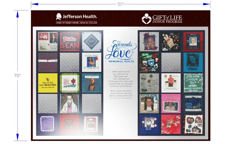 The Gift of Life “Threads of Love” memorial wall design layout, showing the 51" by 70" arrangement of individual donor tribute squares around the Jefferson Health and Gift of Life logos.