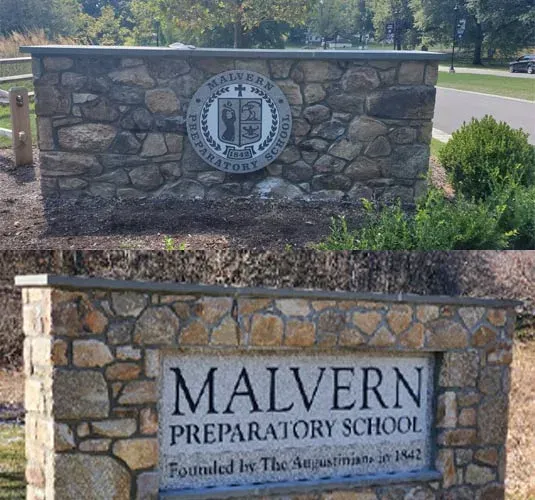 A B&D exterior stone monument sign for Malvern Preparatory School, with a cast emblem and dimensional lettering.