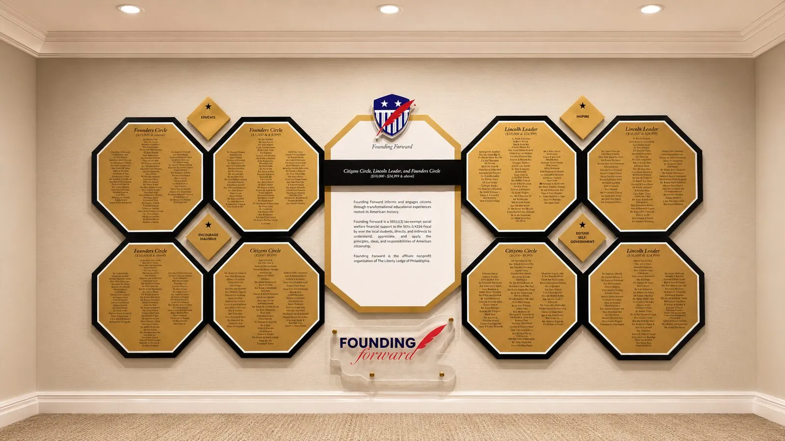 A B&D 'Founding Forward' donor recognition wall with gold octagonal name plaques arranged around a patriotic shield crest and quill logo.