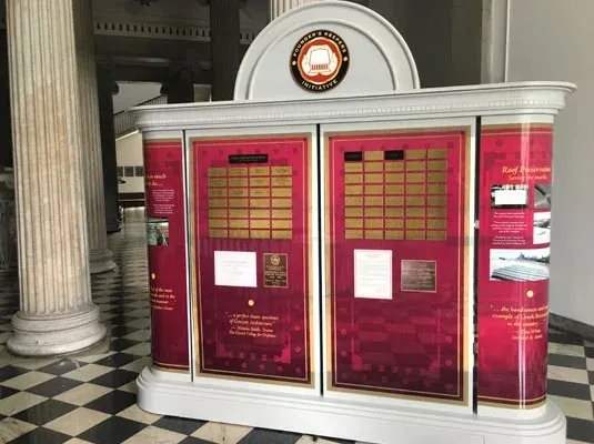 A free-standing donor wall kiosk that brings donor recognition into rooms without available wall space.