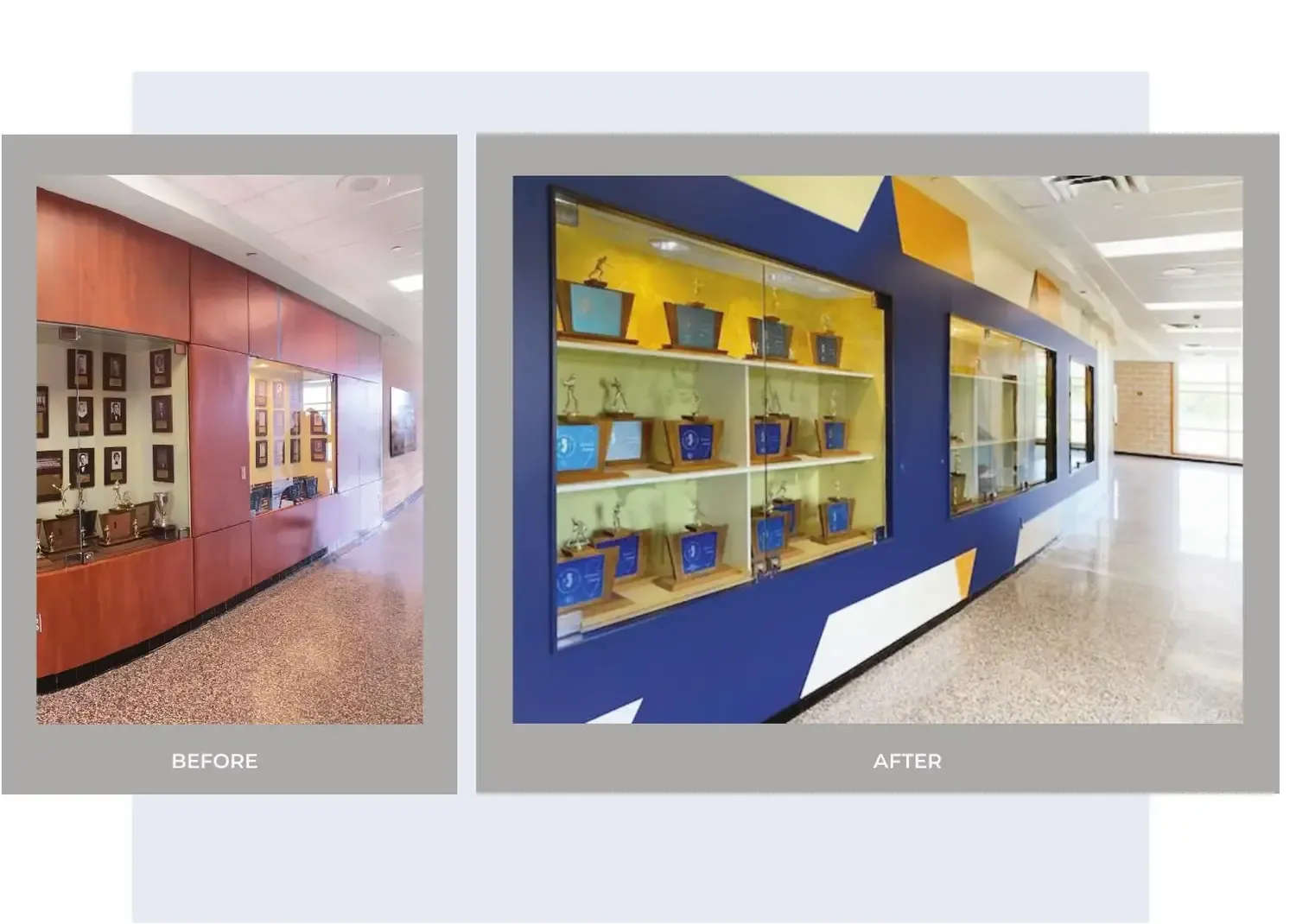 Gloucester corridor before and after the Hall of Fame transformation.