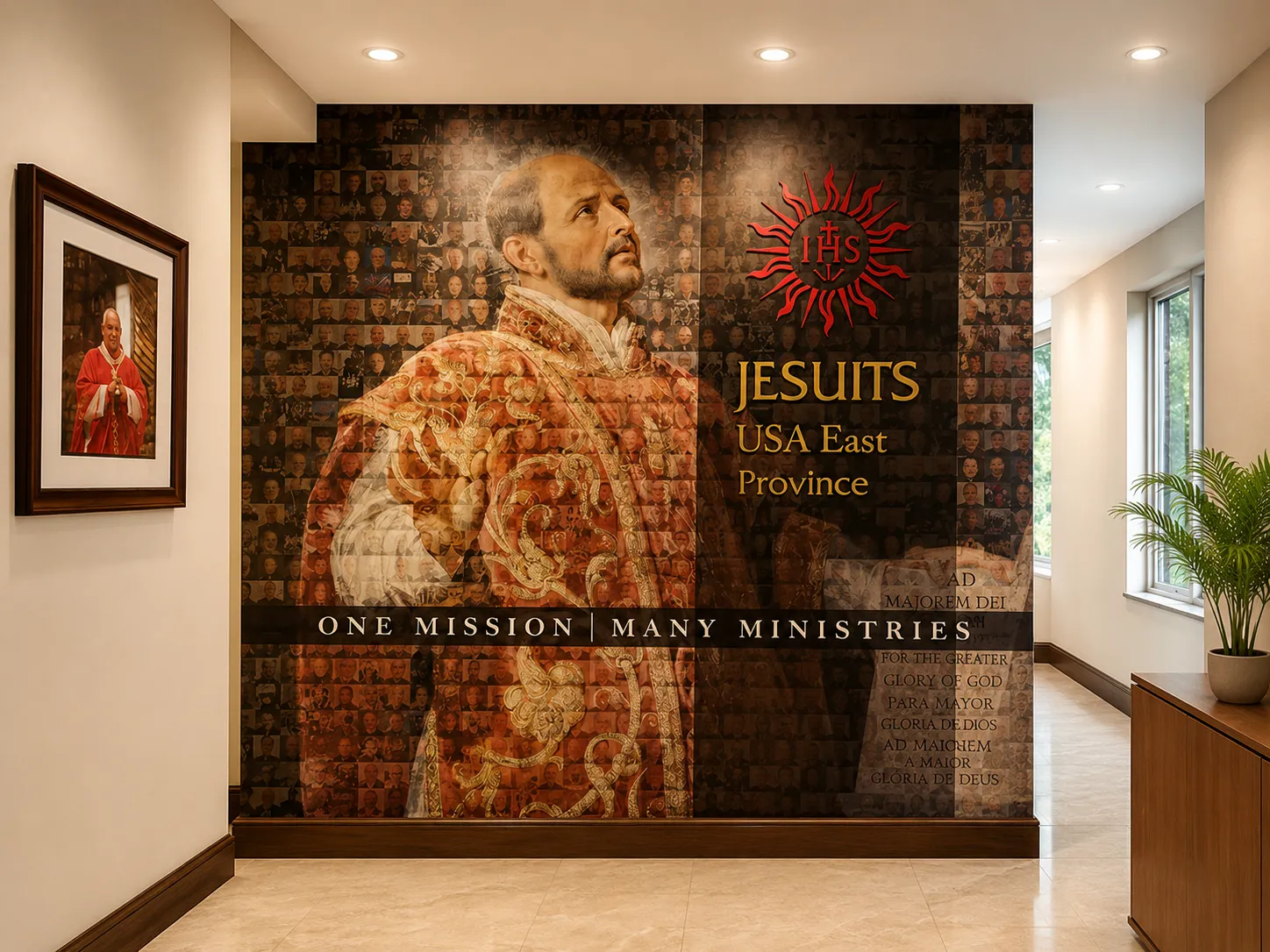 A B&D photo-mosaic mural for the Jesuits USA East Province — an image of St. Ignatius formed from hundreds of community photos, with the “One Mission | Many Ministries” dedication, installed in a hallway.