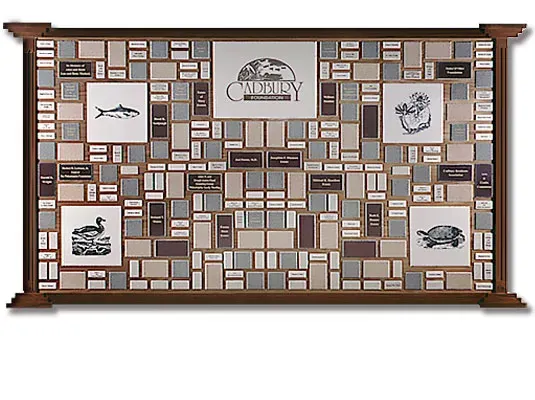 A donor wall built with B&D's Magnetek system — magnetic name plates on a solid surface that swap out as new donors are added.