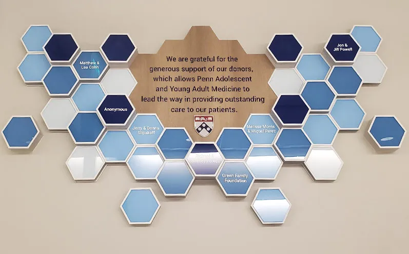 The Penn Medicine Radnor Campus donor wall — a spread of blue and white dimensional hexagons around an engraved wood dedication panel with the Penn shield.