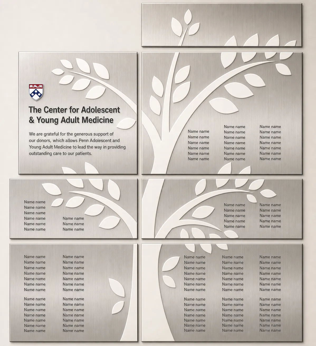 Penn Medicine — The Center for Adolescent & Young Adult Medicine donor tree: brushed-metal panels with white cutout branches and engraved donor names.