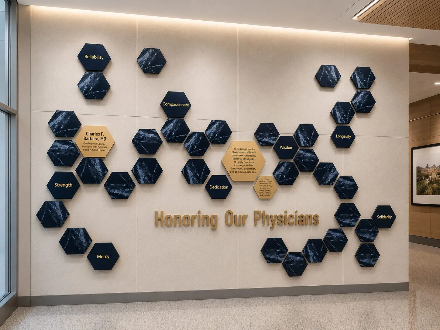 A B&D 'Honoring Our Physicians' donor recognition wall at Reading Hospital, with navy marble hexagon plaques and gold engraved names and values spread across a wide corridor wall.
