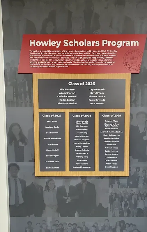 A B&D scholarship recognition display for the Howley Scholars Program at St. Joseph's Prep, listing each graduating class of scholars on wood-framed panels.