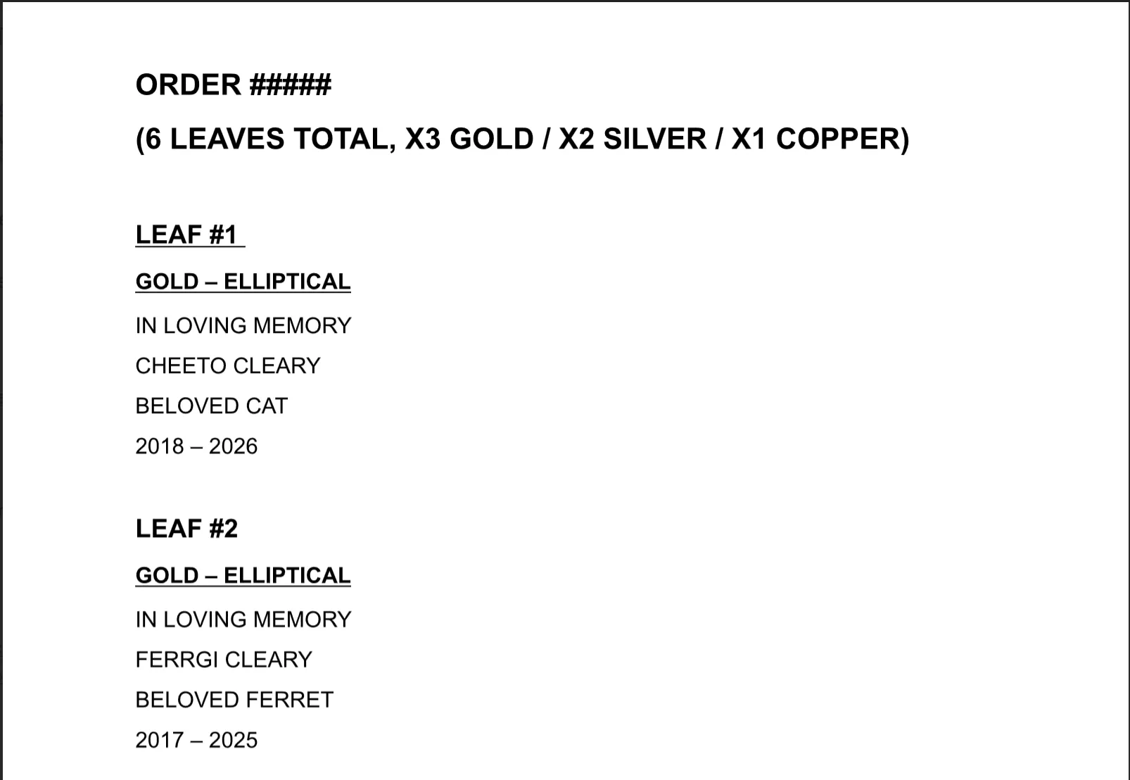 Example engraving list as a document — an order number, then each item numbered with its finish, shape, and the exact lines to engrave.