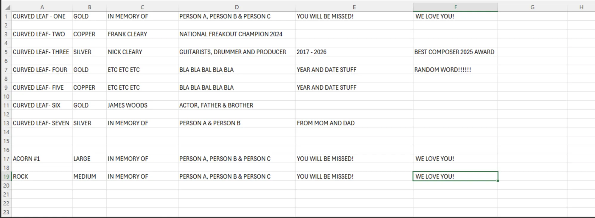 Example engraving list as a spreadsheet — one row per item, with columns for shape, finish, and the engraving text.