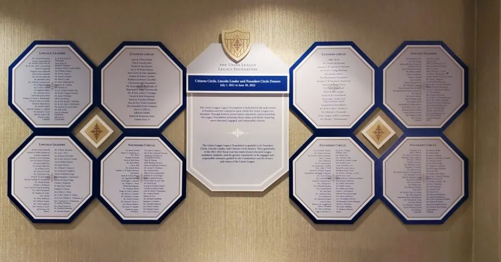 B&D donor wall for the Union League Legacy Foundation — octagonal engraved plaques flanking a central crest.