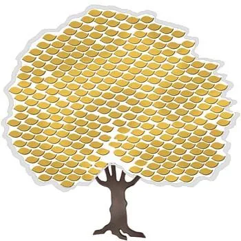 B&D 300 Leaf Donor Tree — an affordable donor recognition tree with gold brass leaves on a laser-cut acrylic background and wood trunk.