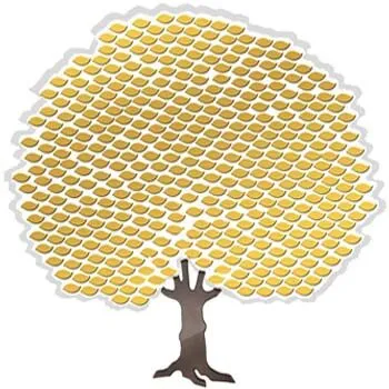 B&D 400 Leaf Donor Tree — an affordable donor recognition tree with gold brass leaves on a laser-cut acrylic background and wood trunk.