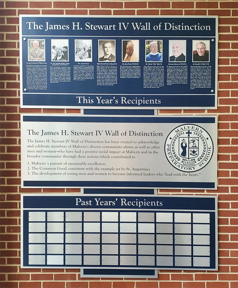 B&D Wall of Honor plaque at Malvern Preparatory School's Center for Social Impact.