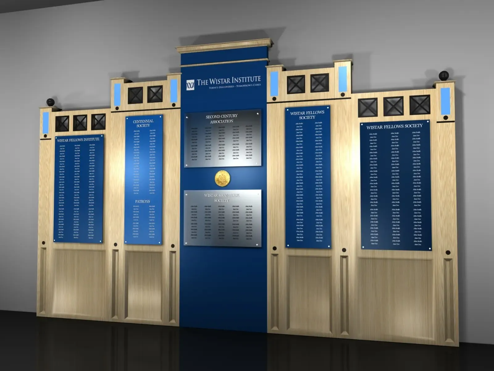 Blue and brushed-metal Wistar Institute donor recognition concept.