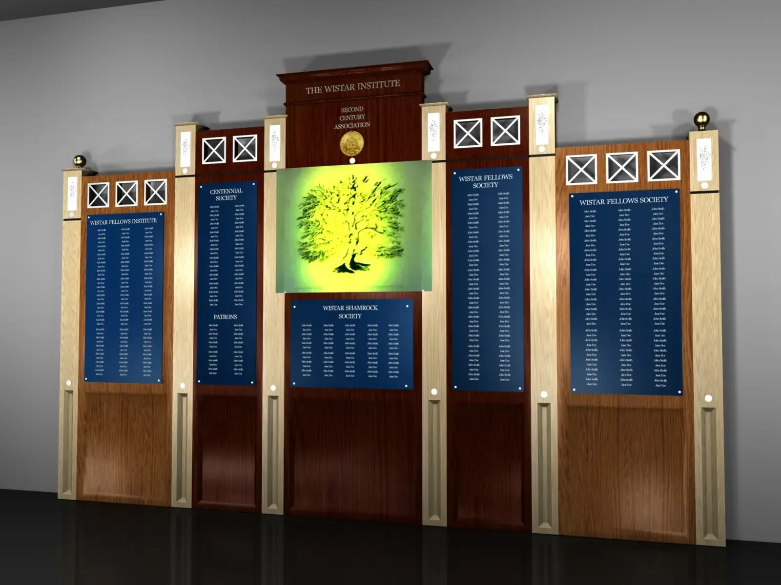 Wistar Institute concept using dark wood, blue panels, and layered materials.